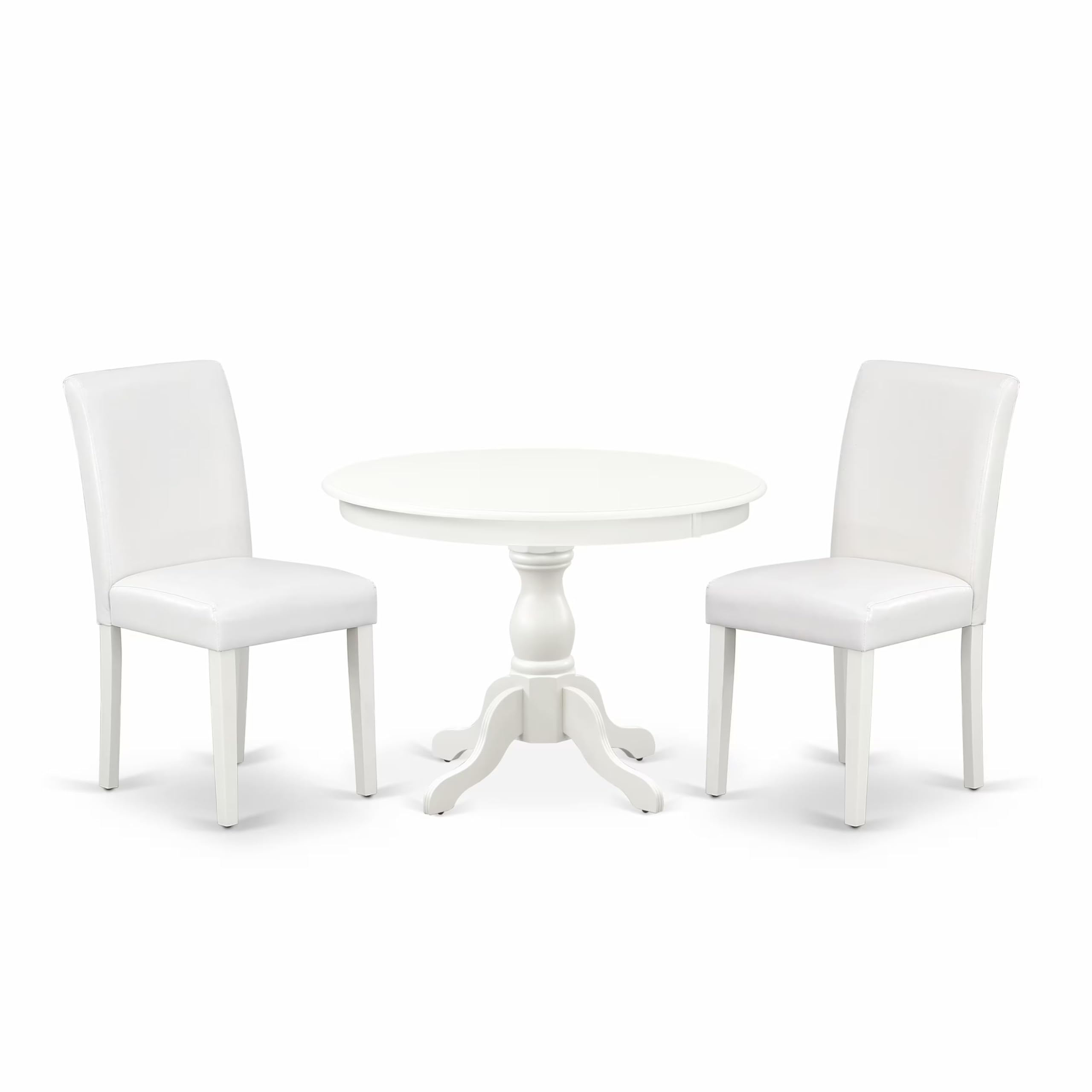 East West Furniture HBAB3-LWH-64 3 Piece Dining Room Table Set Contains a Round Kitchen Table with Pedestal and 2 White Faux Leather Parson Dining Chairs, 42x42 Inch, Linen White